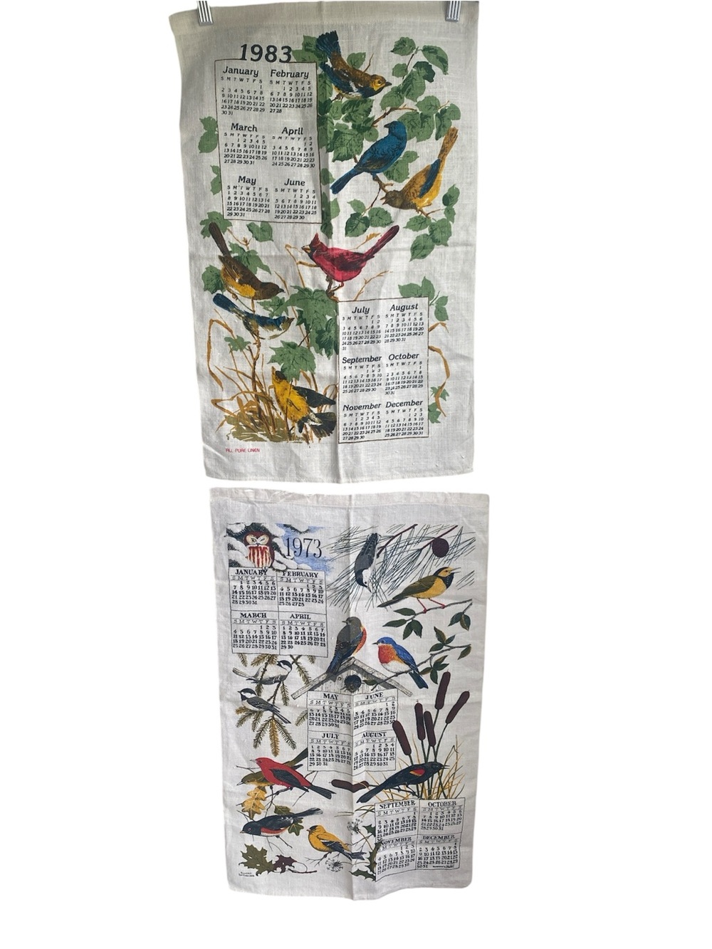 Vtg 1973 & 1983 Bird Calendar Linen Tea Towels Bundle • Cottagecore Wall Art